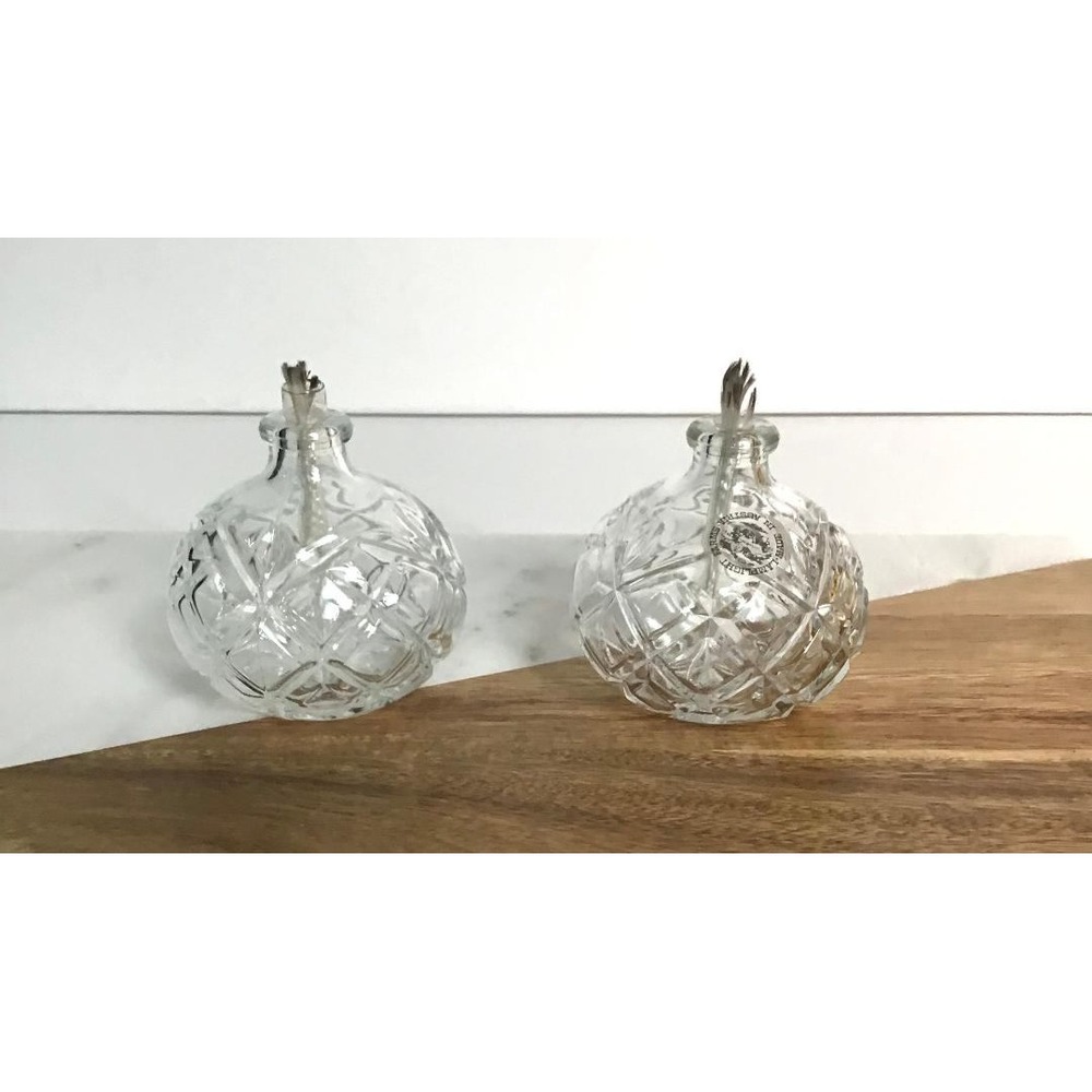 Vtg Austria Crystal Oil Lamps Set Diamond Cut 3"x3.5" Clear Mid Century Modern